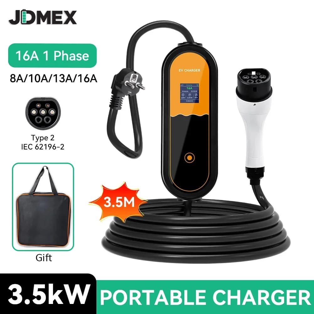 Caricatore EV Portatile JDMEX 3.5KW Tipo 2, Caricatore per Auto 16A Ricarica Rapida EVSE Wallbox 3.5M con Borsa per il Trasporto per Veicoli Elettrici