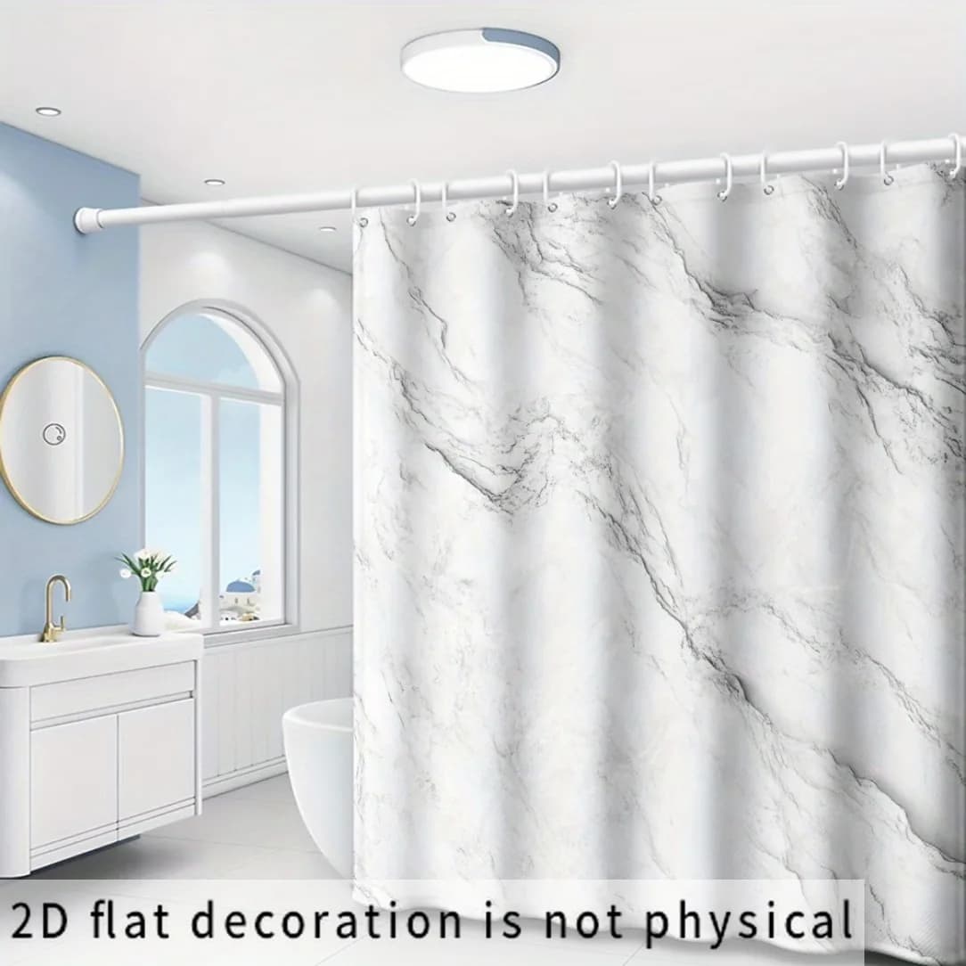 2D Flat, 2D Flat Shower Curtain 1pc, White-Gray Textured Marble Pattern, Natural Realistic Style Printed Shower Curtain, Bathroo