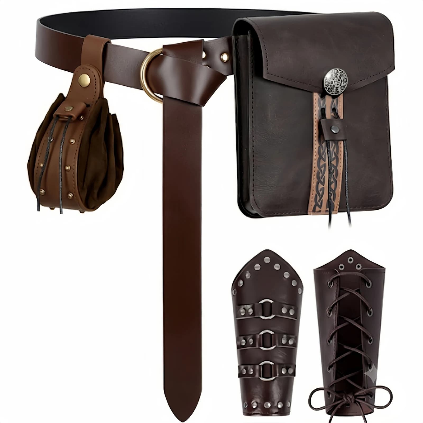 5pcs Renaissance Costume Accessories Leather Belt with Fanny Pack Drawstring Coin Purse Knight Bracers Arm Guards Cosplay Props