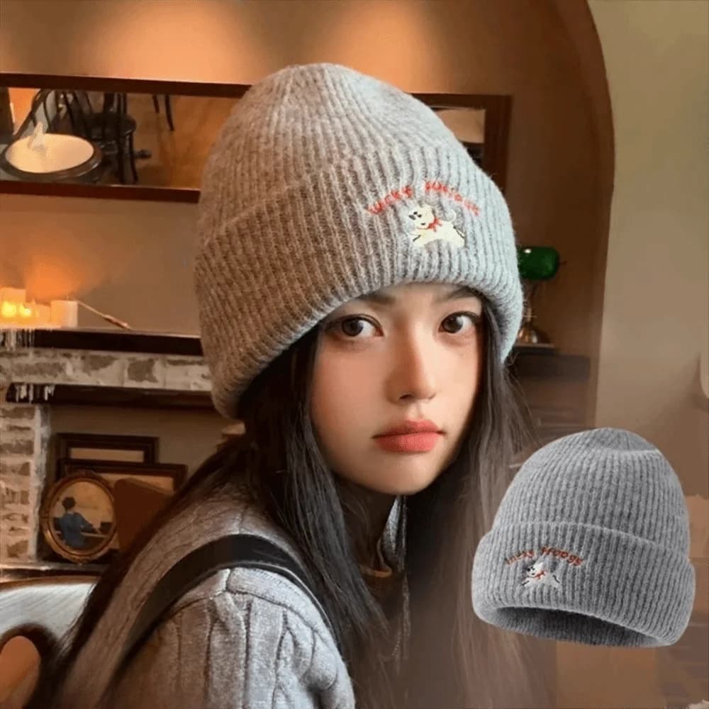 Fashion Puppy Embroidery Winter Knitted Hat Thicken Winter Warm Beanie Cap Windproof Soft Crochet Bonnet Hat
