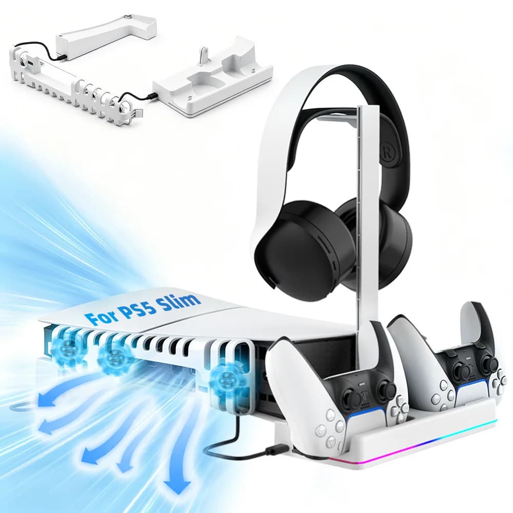 Supporto di Raffreddamento Orizzontale per PS5 Slim e PS5 Pro con Stazione per Controller, Supporto per Cuffie, Hub USB3 e Archiviazione Tutto-in-Uno