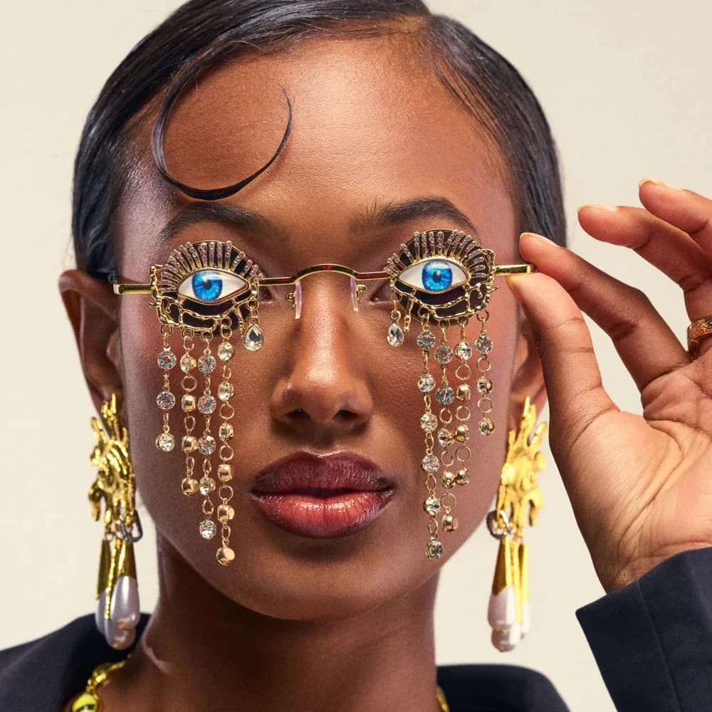 Fashion Evil Eye Tassel Sunglasses Frames No Lens Face Accessories 2026 Carnival Rhinestone Eyeglass Glasses Party for Women