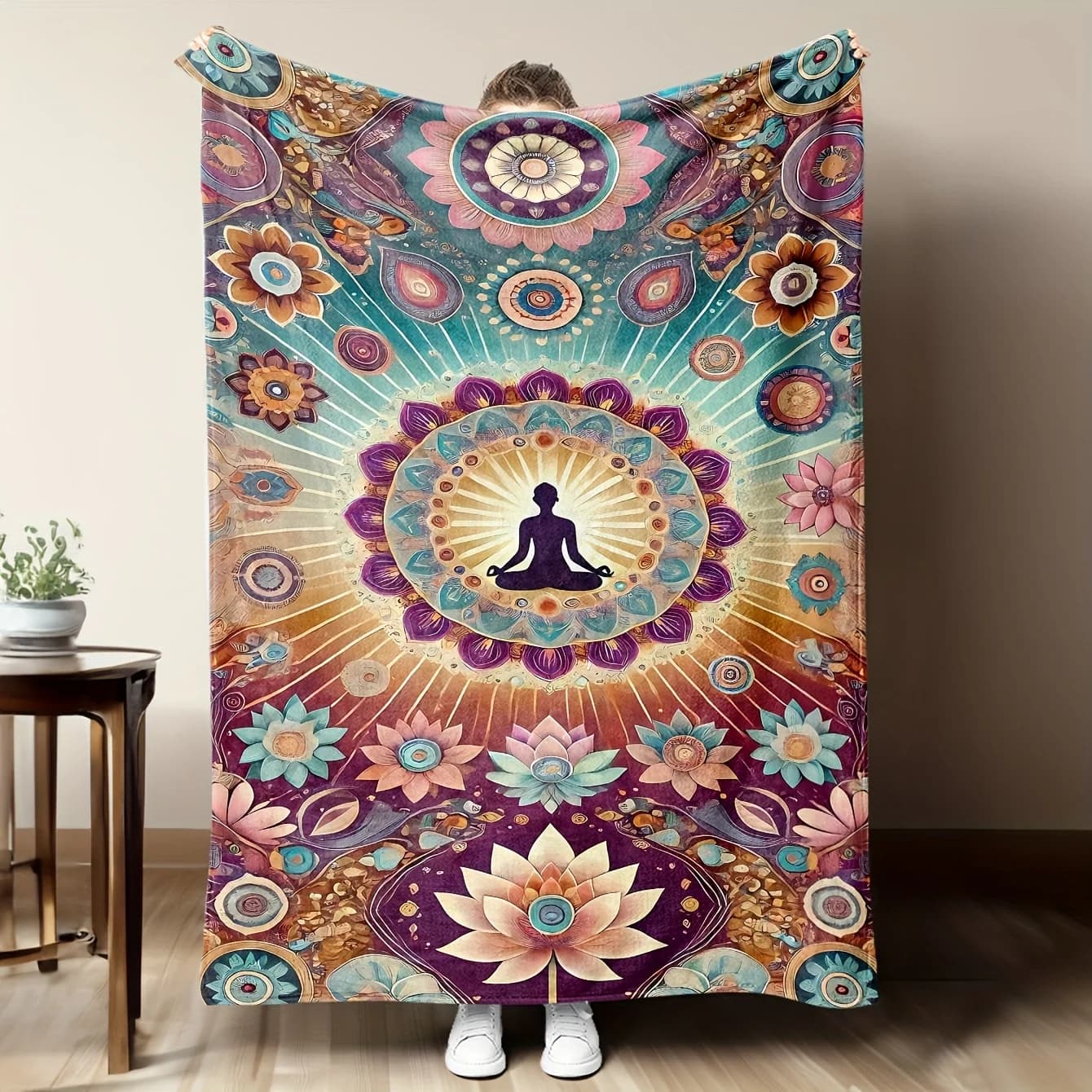 Boho Mandala Lotus Flower Throw Blanket Yoga Meditation Chakra Fleece Throw Spiritual Boho Psychedelic Decor Cozy Lap Wrap Gift