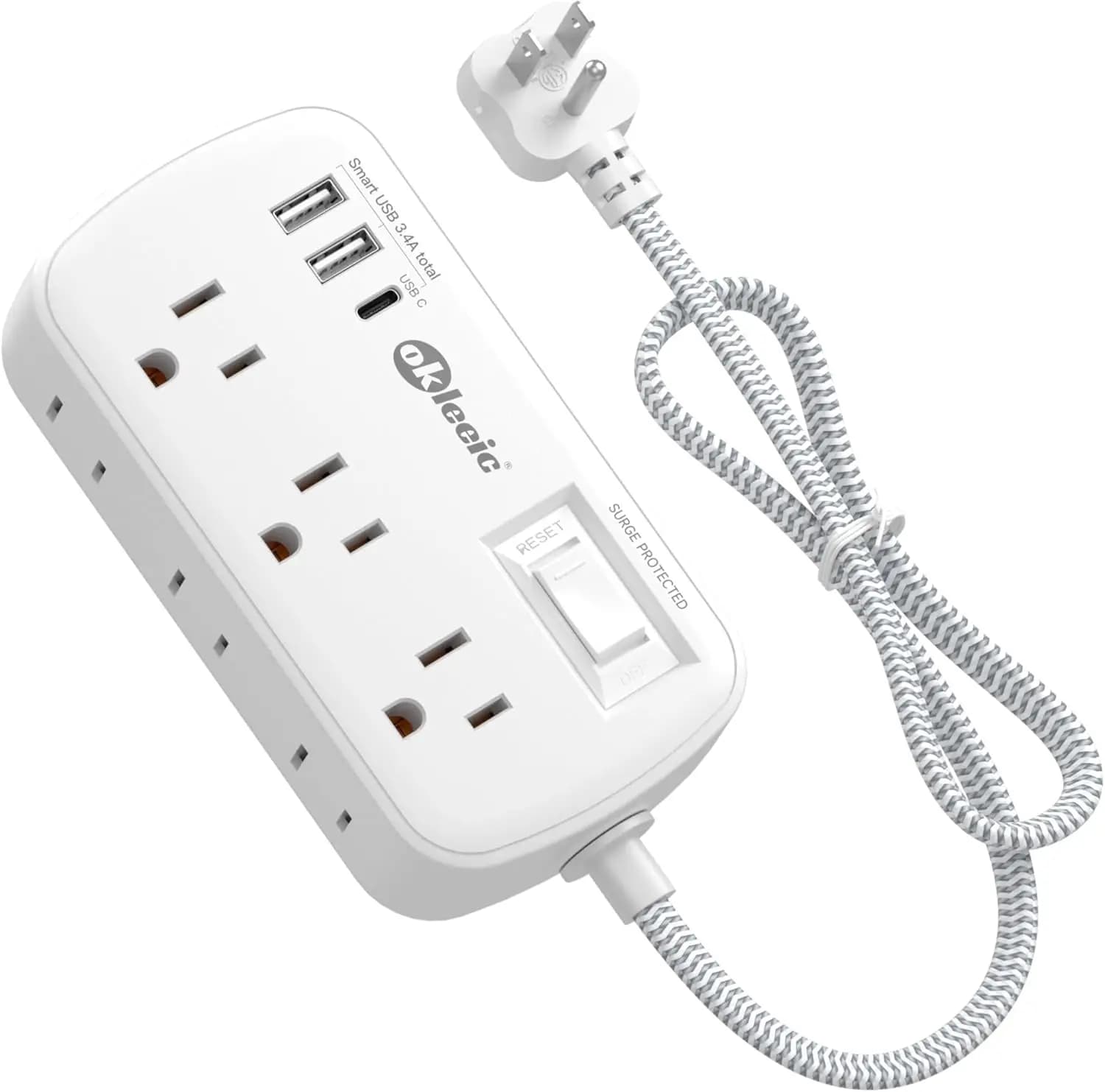 Cavo di prolunga corto da 60 cm con spina piatta, 6 prese e 3 USB (17W), protezione da sovratensioni per casa e ufficio