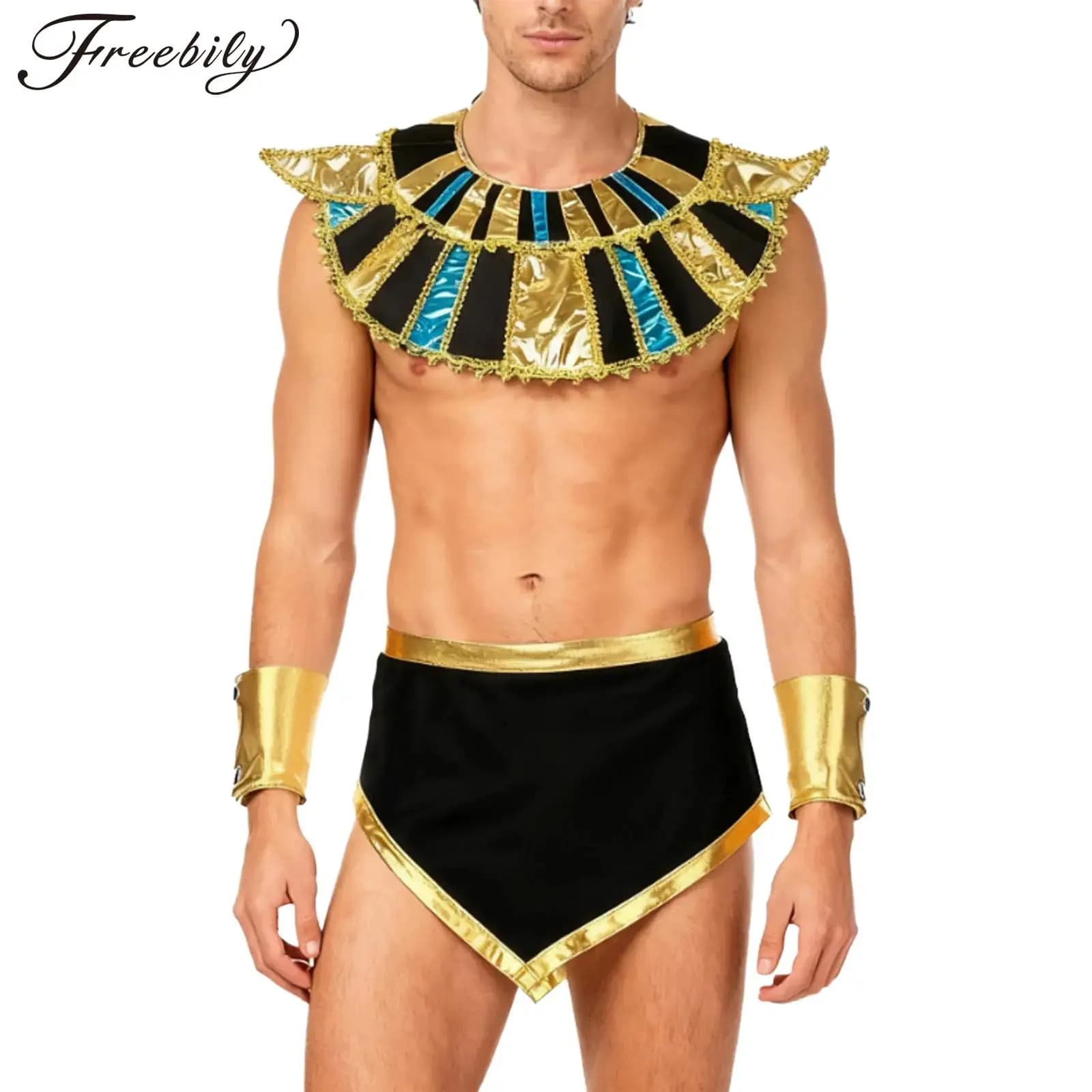 Men Halloween Ancient Egypt Pharaoh King Cosplay Costume Metallic Shiny Collar with Skirt Outfits for Masquerade Theme Party