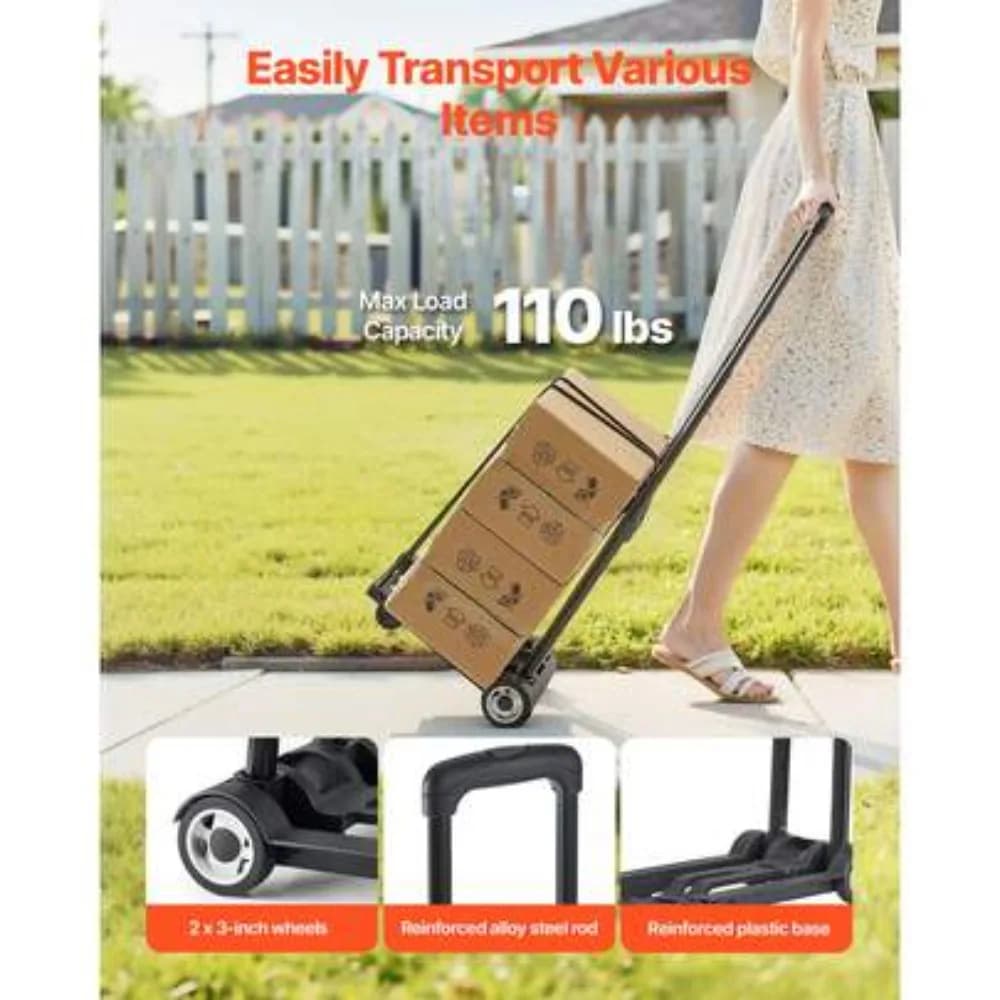110 Lbs Folding Hand Truck Platform Cart, Heavy Duty Dolly Trolley with Telescoping Handle, Portable Utility Cart for Moving Boxes, Loads, Storage, Travel, Compact Foldable Design, Solid Wheels, Indoor Outdoor Use