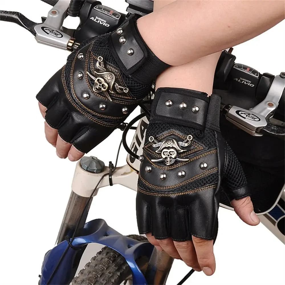 Guanti da Ciclismo Antiscivolo in Pelle PU con Borchie per Uomo e Donna, Guanti da Moto con Teschi, Guanti Mezze Dita