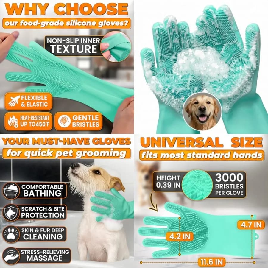 Guanti per la rimozione del pelo di cani e gatti, shampoo 2-in-1 con 3000 setole, guanto da bagno per cani 11.6, in silicone resistente, risparmia tempo