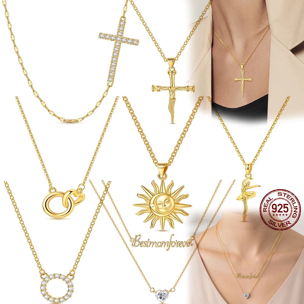 Nuova Collana in Argento 925 Dorato con Cuore e Croce, Gioielli Originali da Donna, Regalo di Compleanno o Matrimonio