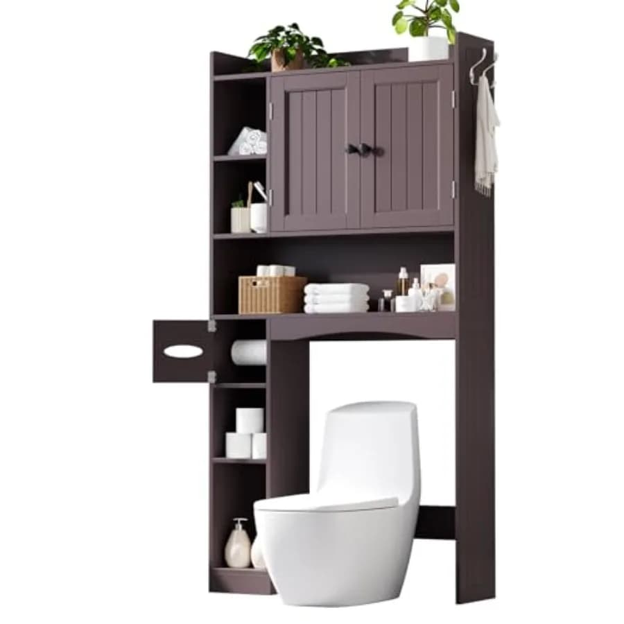 Mobiletto Salvaspazio da Bagno Sopra il WC 66''H Marrone Scuro con Portarotolo, Ripiani Regolabili, 2 Ante e 2 Ganci Laterali