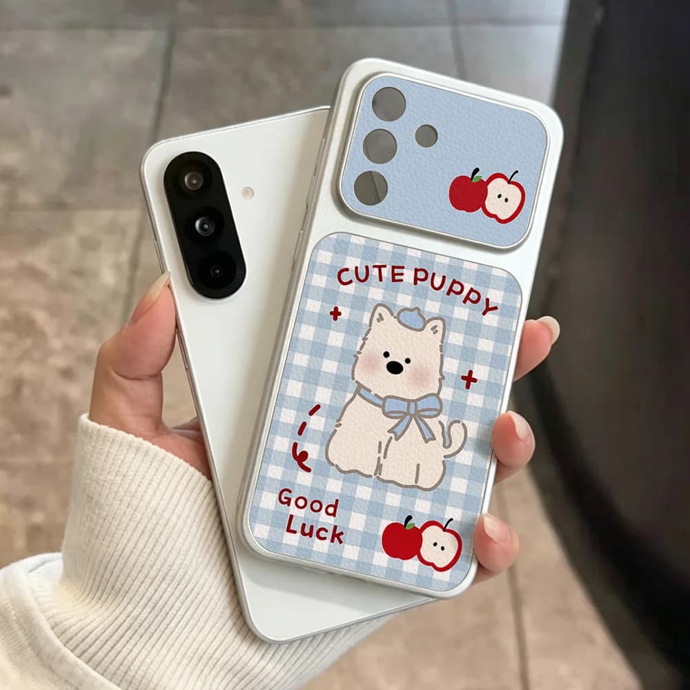 Blue Plaid Puppy Pattern Phone Case For Samsung A57 A27 A56 A16 A36 A37 A17 A07 A26 S24 S25 S26 Ultra Leather Soft Lanyard Cover