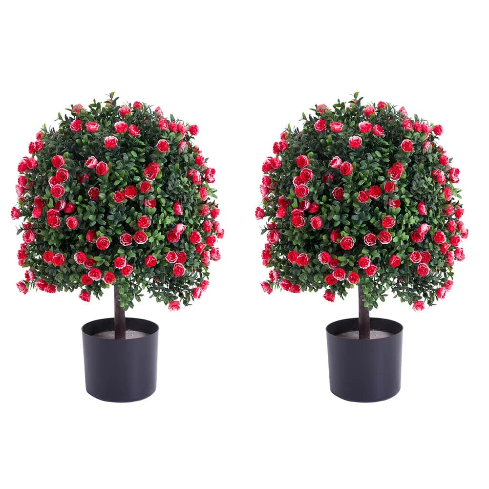 Set of 2 Artificial Roses in Vase, Decorative Evergreen Plants Resistant to fading for Home and Garden