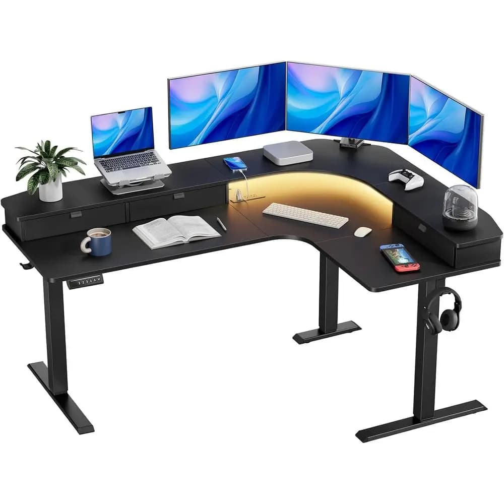 65″ L-Shaped Standing Desk with Power Outlets & LED Strip, Electric Height Adjustable Computer Desk, Sit Stand Up Desk with 3 De