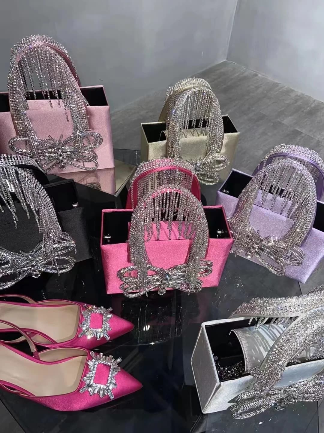 Shiny Rhinestone Diamond Evening Bag Luxury Glitter Bow Knot Tassel Satin Women Handbag Wedding Party Clutch Purse Shoulder Bag