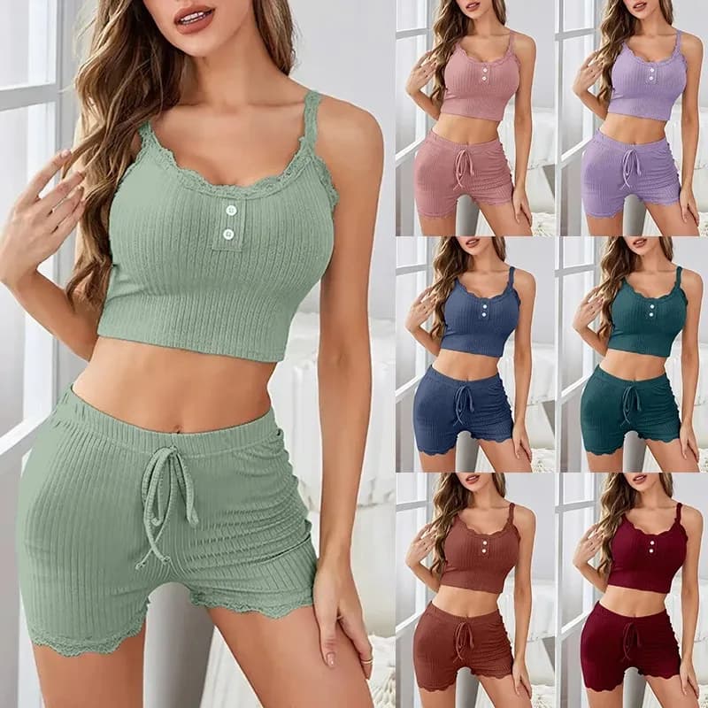 Pigiama da donna a due pezzi Set in maglia a costine con finiture in pizzo Crop Cami Top e pantaloncini Pigiama estivo Indumenti da notte Homewear Nuova vendita calda
