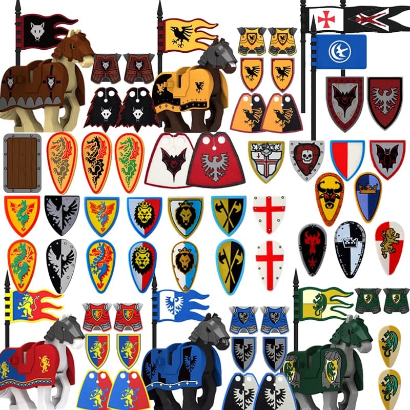 Cavaliere romano medievale Legione Building Block Castello Drago verde Foresta Lupo Cavallo di guerra Drago Leone Scudo Armatura Mantello Giocattoli in mattoni