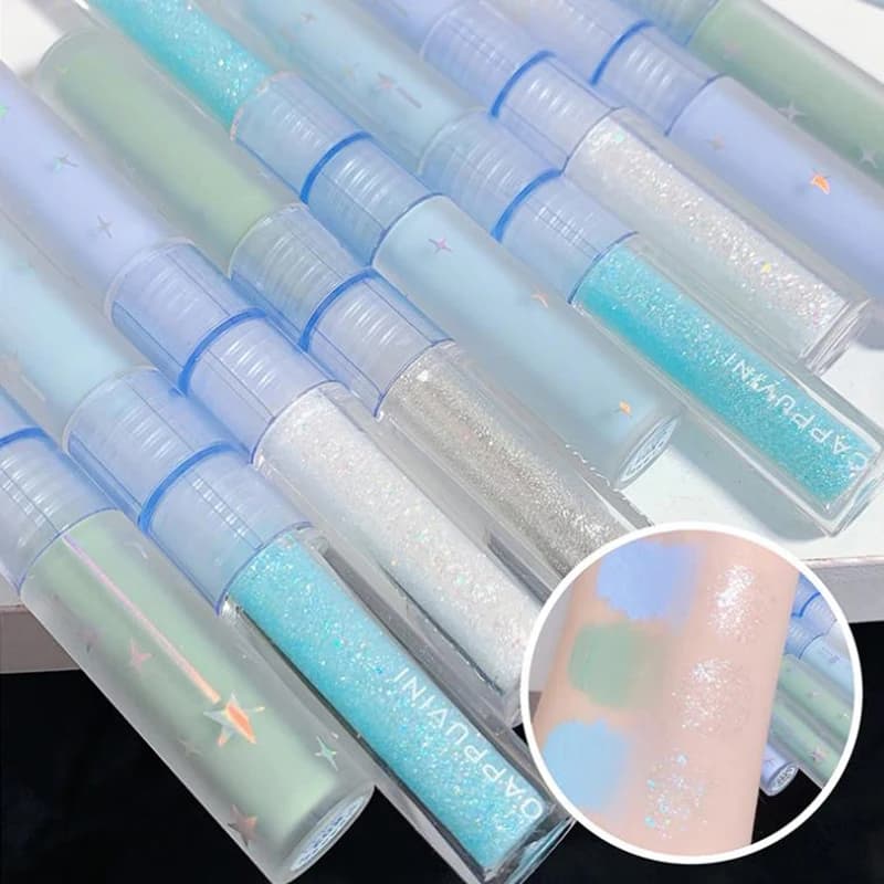 Cappuvini 2 in 1 Ombretto Liquid Blue-Green Silk Effect Lighting Beauty Tool Makeup Eyes Opaque with Sequins and Perlescent
