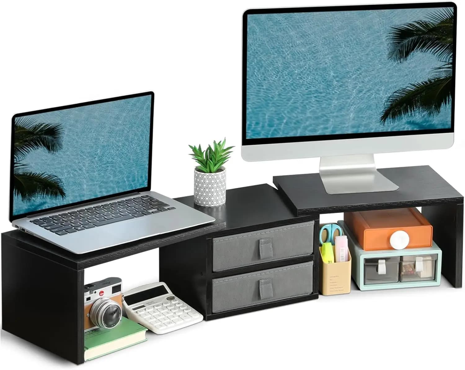 Adjustable Support for Double Monitor with 2 Drawers and 3 Monitor/Laptop/PC shelves, Wooden Desk Organizer
