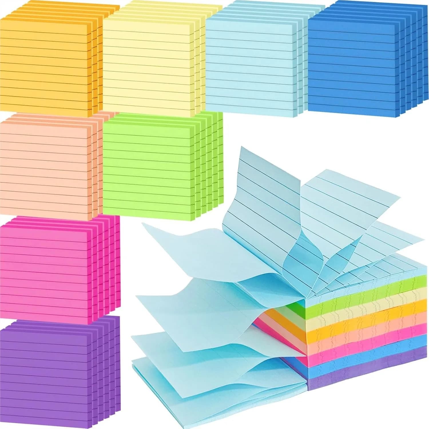 Confezione da 48 Blocchetti Adesivi Pop-Up da 3840 Fogli a Righe 3x3 con 8 Colori Vivaci per Casa, Ufficio e Scuola