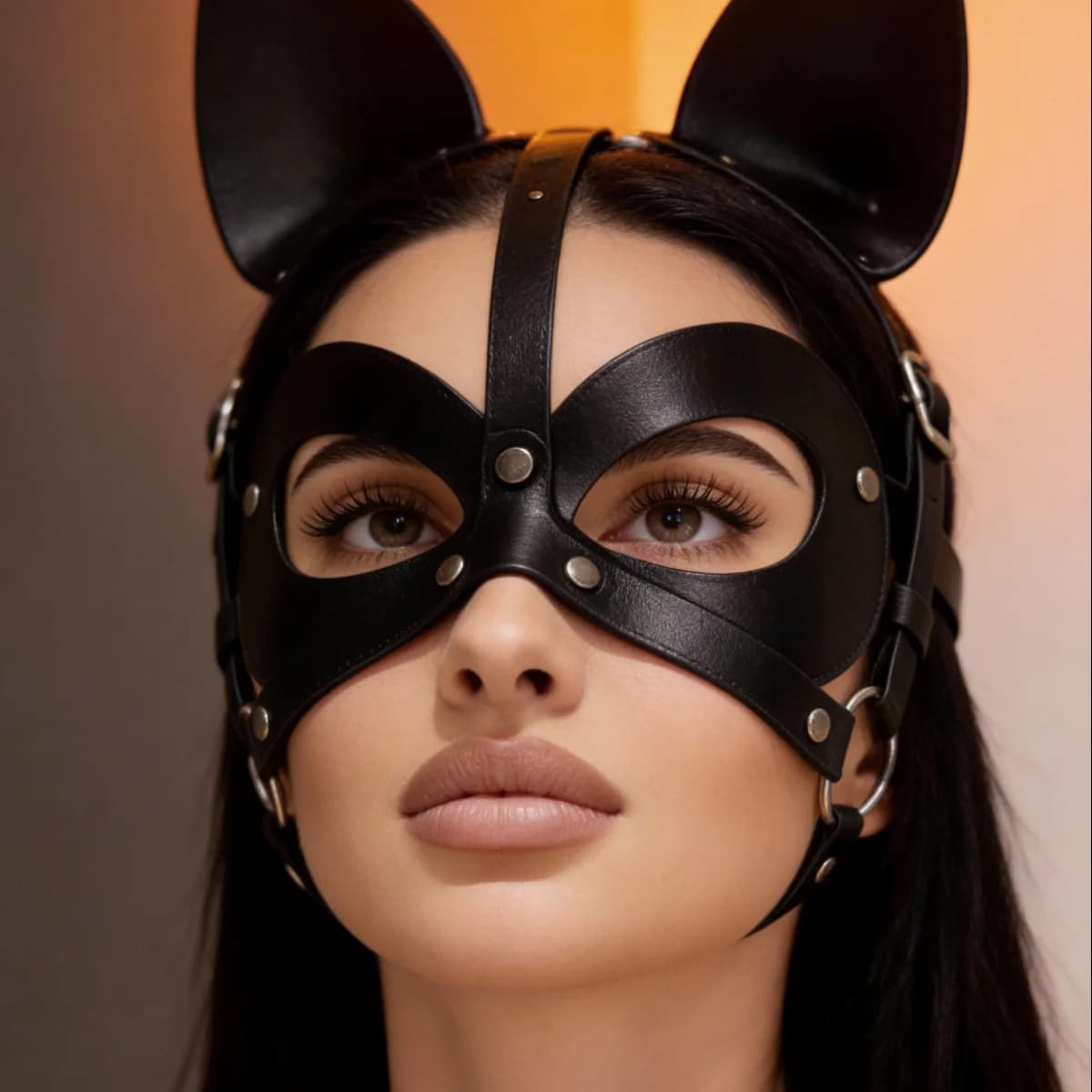 Black Adjustable Punk Gothic Cat Ear Mask, Faux Leather Rivet Decor Face Mask, Edgy Dark Style Costume Accessory for Halloween R