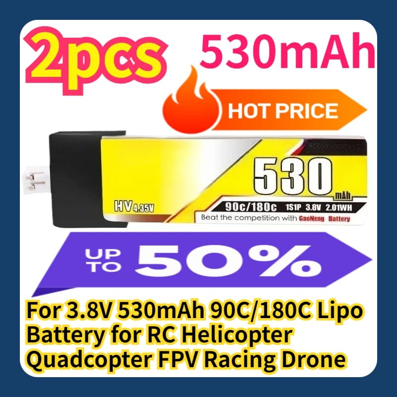 Batteria Lipo 3.8V 530mAh 90C/180C per Elicottero RC, Quadricottero, Drone da Corsa FPV
