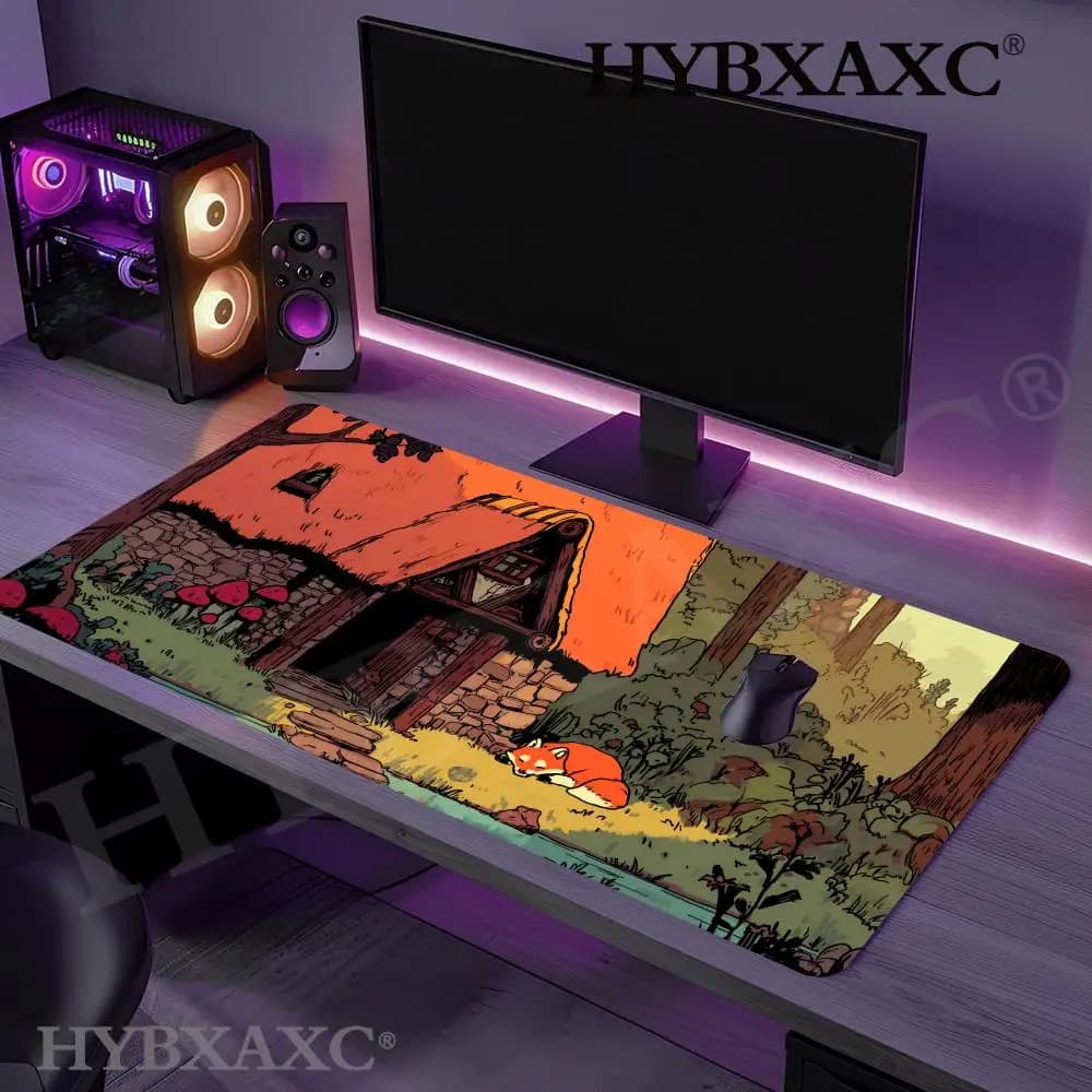 Tappetino per mouse HYBXAXC Forest Fox Cabin, tappetino da scrivania grande ed esteso, base in gomma antiscivolo per decorazioni da ufficio e gaming