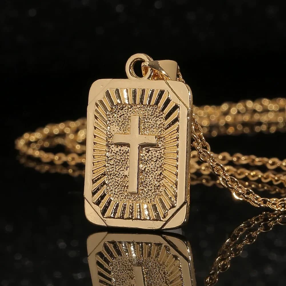 Sunburst Cross Rectangle Pendant Necklace 18K Gold Plated Textured Stainless Steel Chain Vintage Jewelry Gift for Men Women
