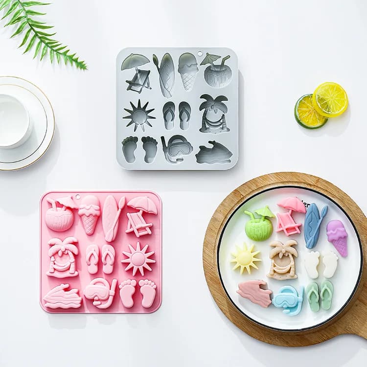 12 Stampi in Silicone a Tema Spiaggia Estiva per Cioccolato, Caramelle e Torte, Adatti anche per Resina Epossidica