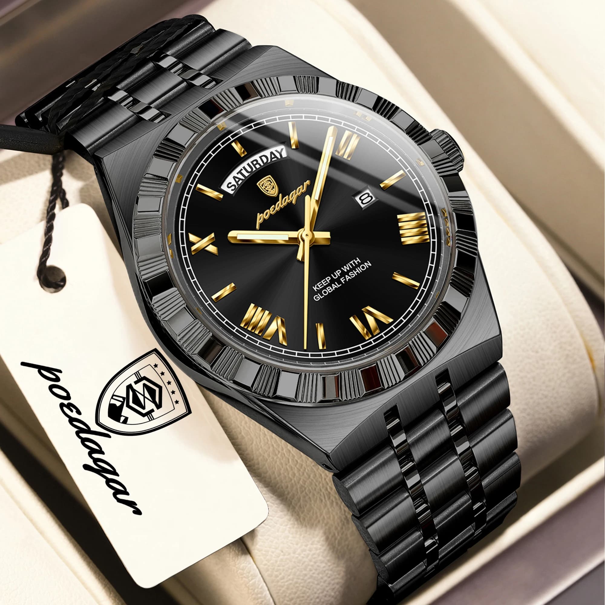 Orologio da uomo POEDAGAR di lusso originale, con giorno della settimana, data, impermeabile, luminoso, classico, in acciaio inossidabile, al quarzo.