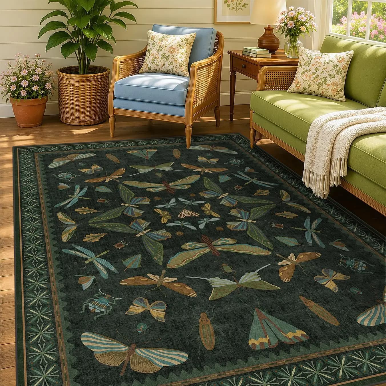 Tappeto Verde Scuro Effetto Muschio 5x7 - Decorazione Boho con Insetti Fantasiosi, Tappeto Morbido Lavabile Antiscivolo per Soggiorno