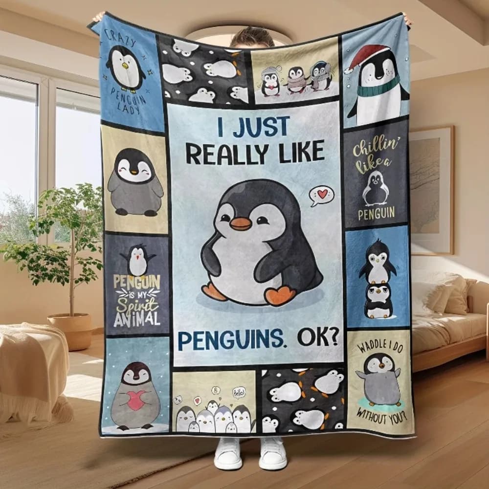 Fleece blanket for penguins lovers, cute blanket with winter theme with soft and cozy blankets with design "I Just Really Like Penguins".