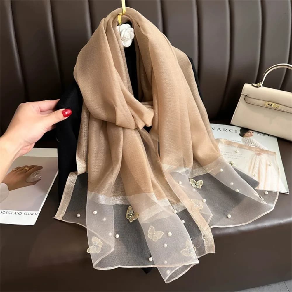 Headkerchief Thin Silk Scarf Large Foulard Butterfly Embroidery Scarf Pearl Wraps Women Hijab Shawls Spring and Autumn
