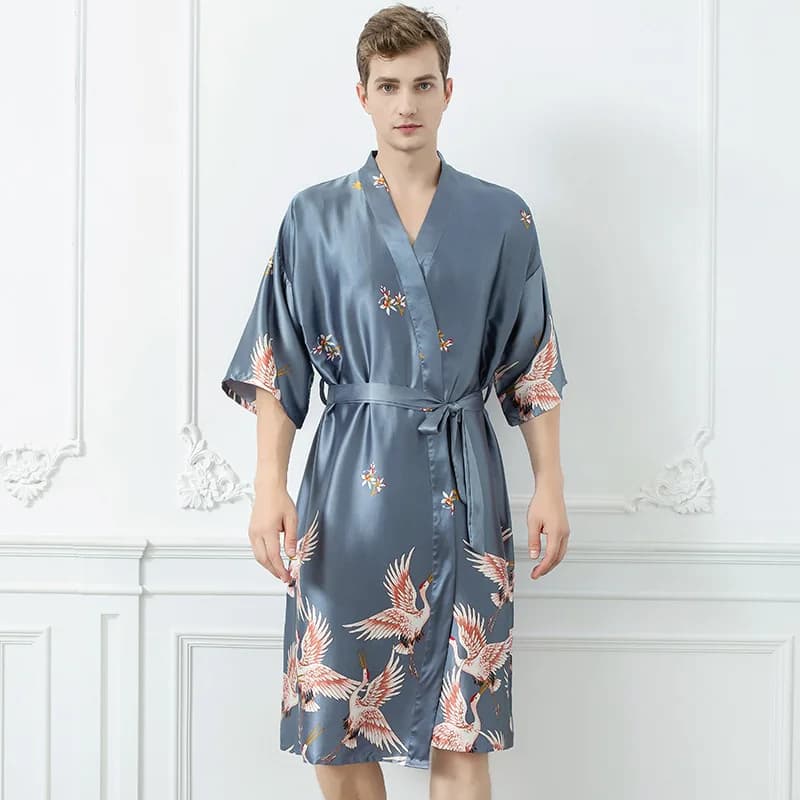 Men's satin men's night gown in silk print men's bathrobe sauna towel fast drying robe Yukata Sleep Wear
