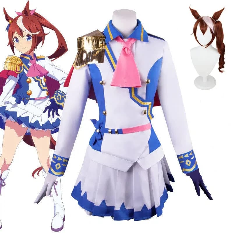 Costume Cosplay Anime Uma Musume Tokai Teio, Uniforme Accademica Raison, Abito Carino con Colletto Blu Navy, Gonna Corta con Copricapo, Guanti e Parrucca