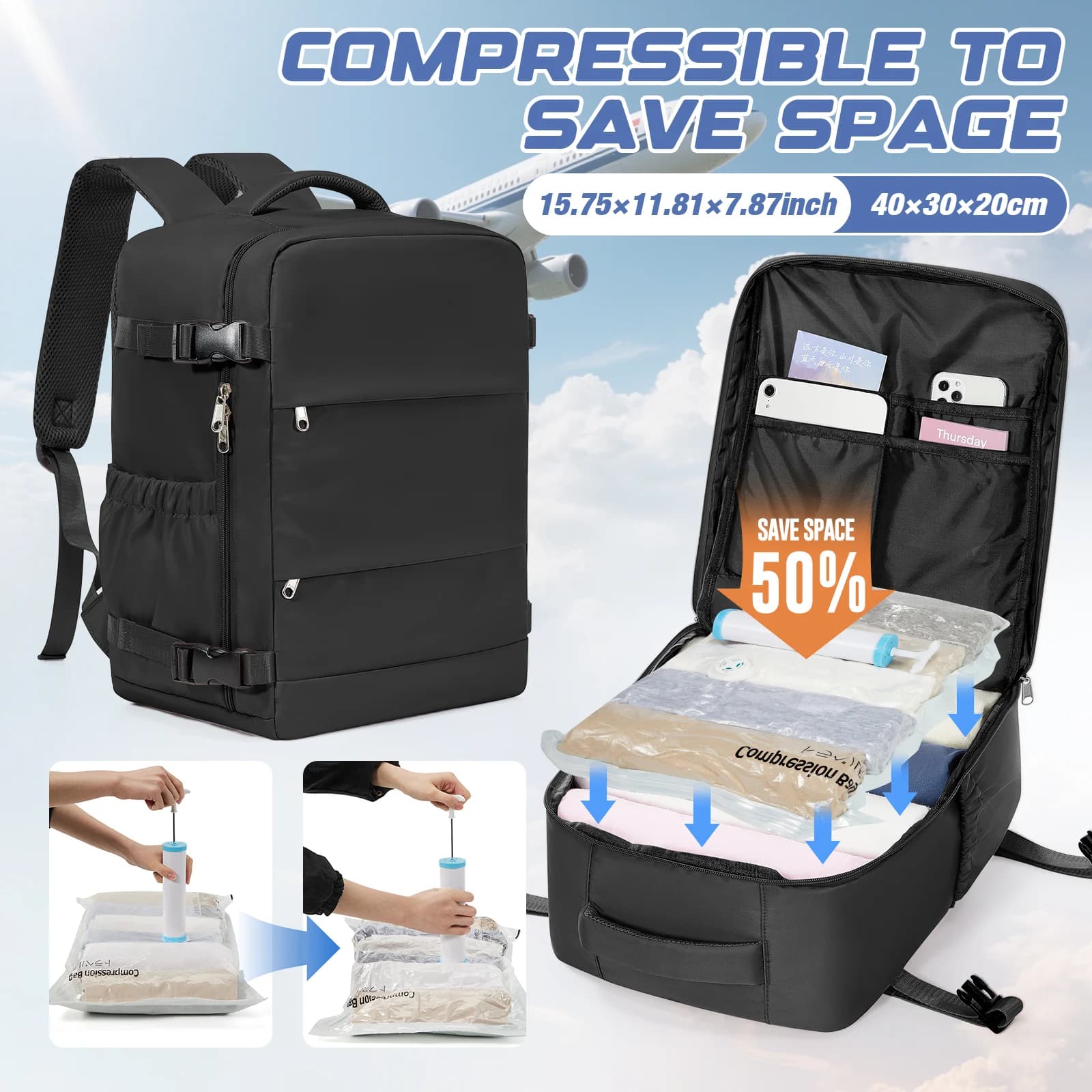 Borsa portaoggetti per abbigliamento Zaino portaoggetti per oggetti personali Zaino Ryanair 40x30x20 Borsa da cabina, Borsa sottovuoto con pompa manuale