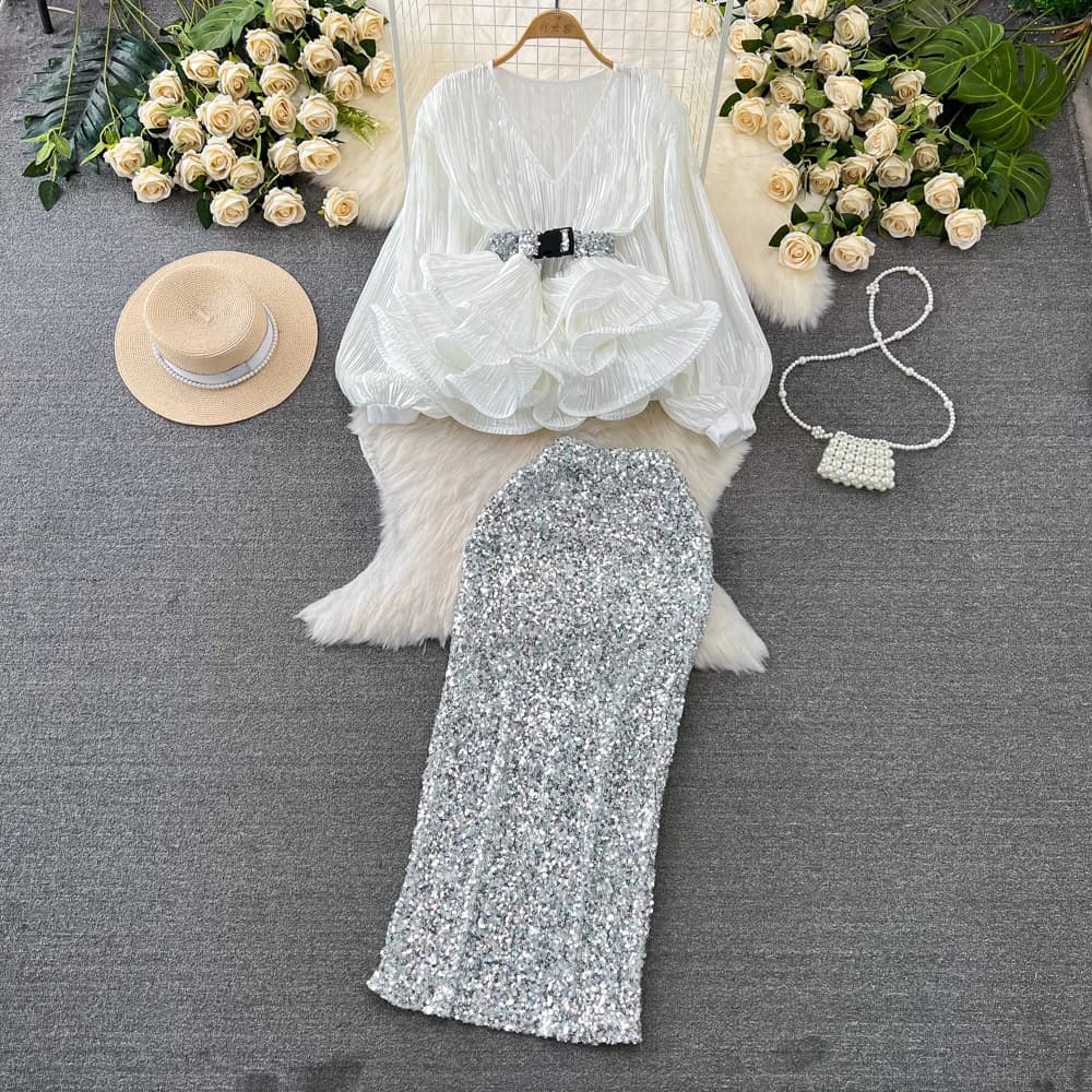 Camicetta di moda Gonne Set Lanterna da donna Manica lunga Scollo a V Camicia con volant Vita alta Mezza gonna con paillettes per la festa 2025 Nuovo