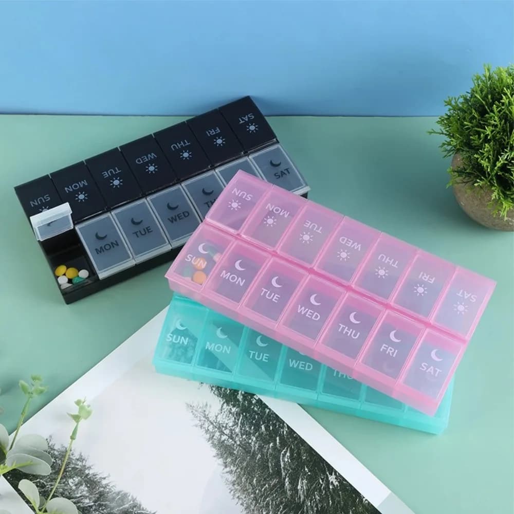 New Premium Weekly Portable Pill Box Case Storage Organizer Container 7 Days Twice A Day 14 Grids for Vitamin Medicine Fish Oils