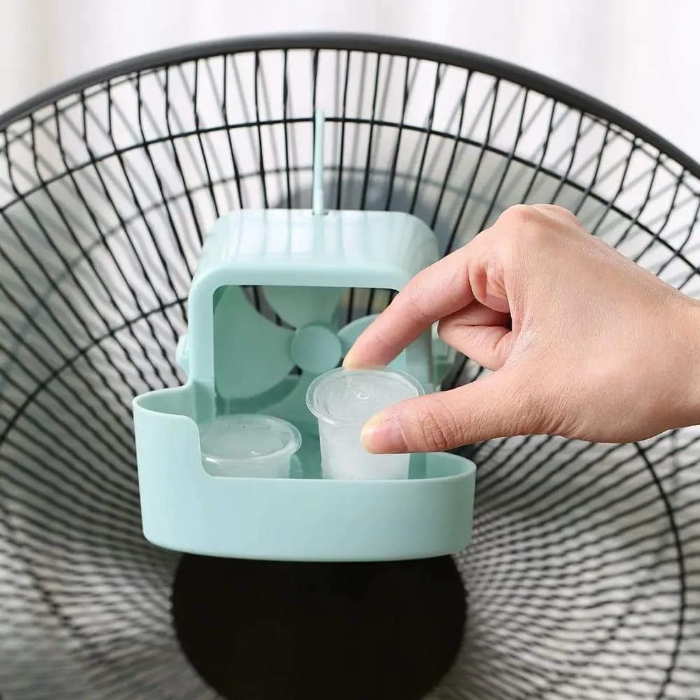 Ventola di raffreddamento elettrica sospesa con 4 tazze di ghiaccio Adattatore di raffreddamento a nebbia Ventilatore da pavimento con supporto per ghiaccio sospeso per raffreddamento rapido domestico