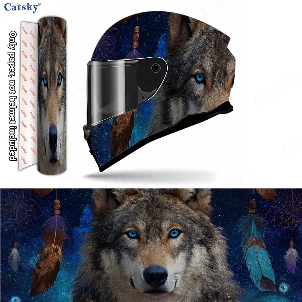 Cosmic Dreamcatcher Wolf Totem Art Helmet Vinyl Wraps, Waterproof Scratch-Resistant Full Face Helmet Decals, Durable PVC Decorat