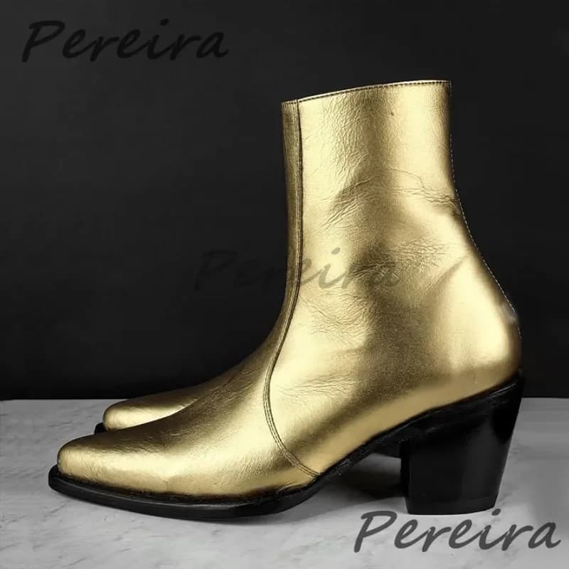 Stivali Chelsea in vera pelle da uomo britannici Punta a punta dorata 6CM Stivali corti con cerniera tacco alto Autunno Inverno Nuove scarpe maschili alla moda