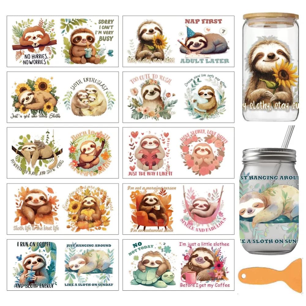 10 Pezzi 10 Stili Carta Termotrasferibile in PVC per Sublimazione UV Tazza Sloth 240x110mm 1pz/stile