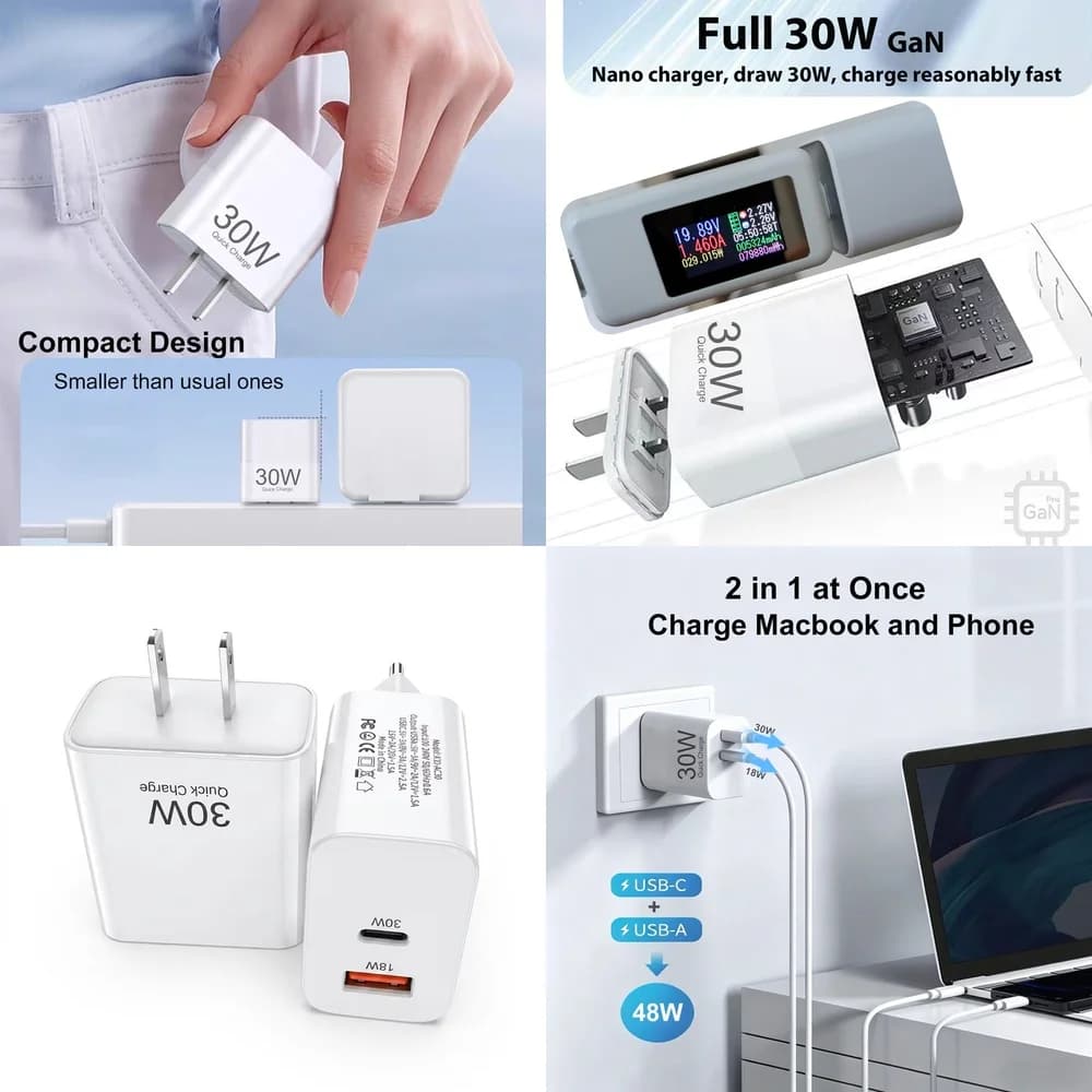 Safe 30W Type C Fast Charger Wall Adapter EU US Plug Dual Port for iPhone 17 16 15 Pro Max Samsung Galaxy S26 S25 S24 Xiaomi