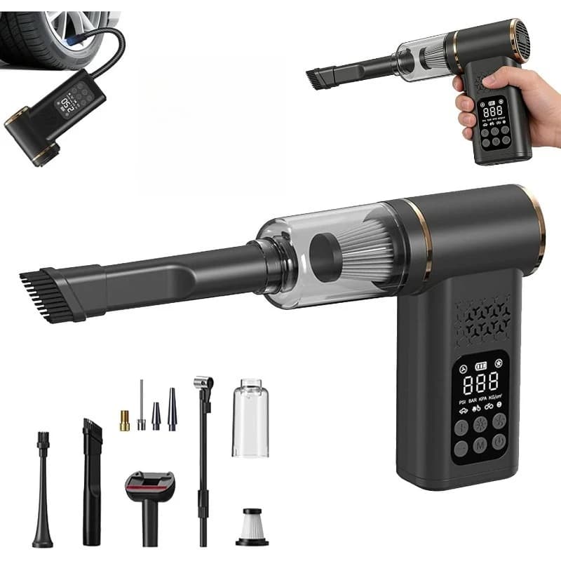 Aspirapolvere Portatile 5-in-1 Senza Fili con Gonfiatore Pneumatici, Luce LED e Manometro Digitale per Auto, Casa, Peli di Animali Domestici, Moto - Durevole