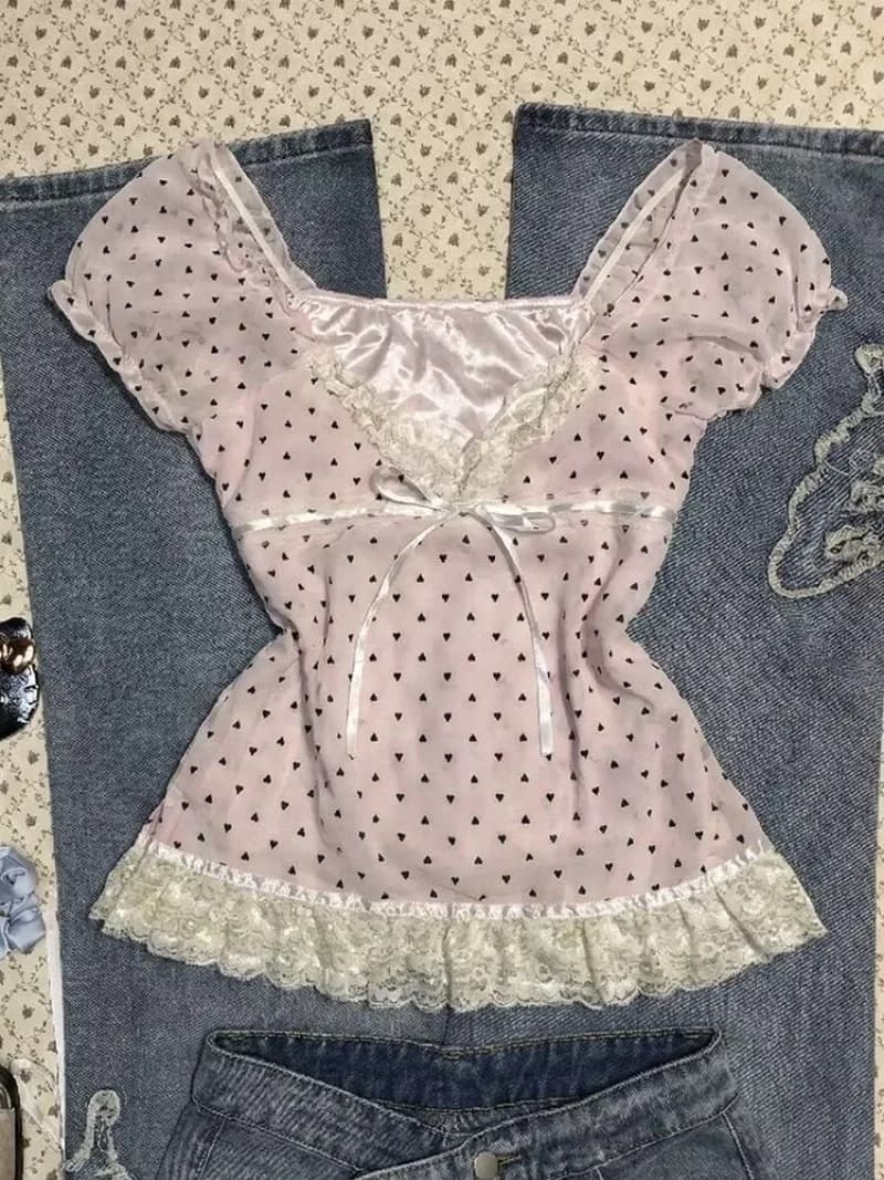 T-shirt Estiva Giapponese Lolita da Donna, Top Y2K Harajuku con Motivo a Onde, Estetica Kawaii, Slim Fit, Scollo a V in Pizzo, Maniche a Bolla