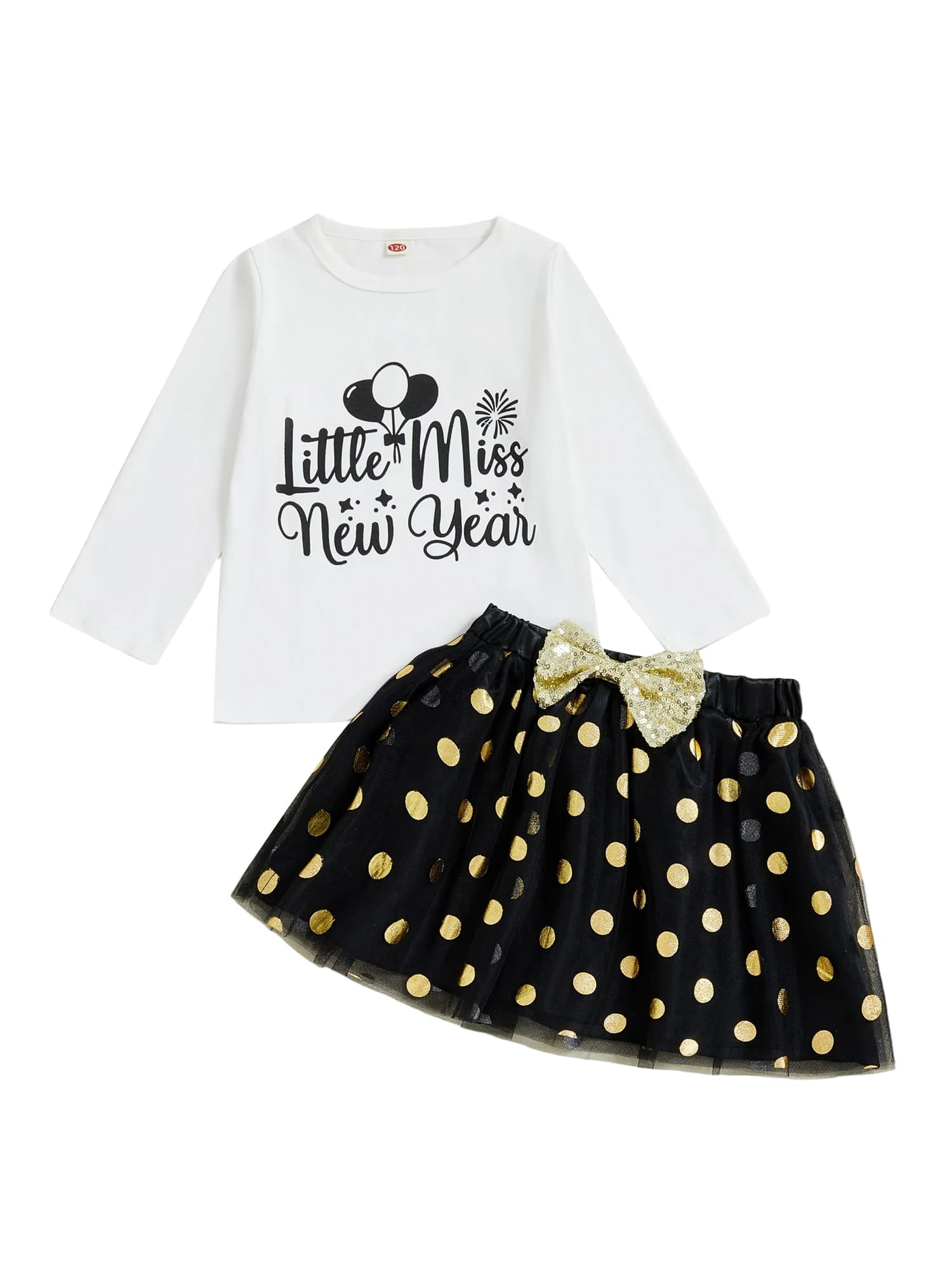 Toddler Girls 2 Piece Clothing Set with New Year Letter Balloon Print Top and Elastic Waist Skirt Long Sleeve Round Neck Shirt