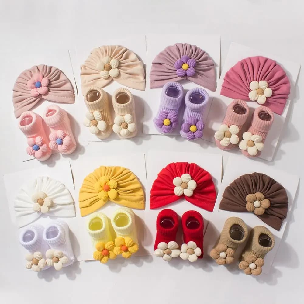 Set Cappello e Calzini per Neonati con Grande Fiore, Morbido Lavorato a Maglia, Antiscivolo, Caldo e Traspirante, Turbante per Bambini 0-3 Anni
