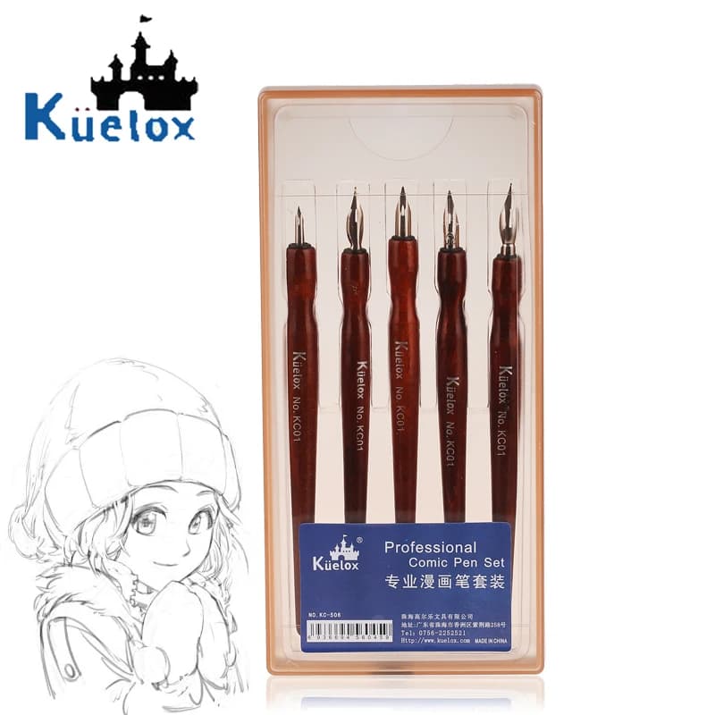 5 Pieces Comic Pen Nib Set, G Ink Pen Nib Stainless Steel Drawing Calligraphy with Wooden Holder for Writing, Painting, Signing
