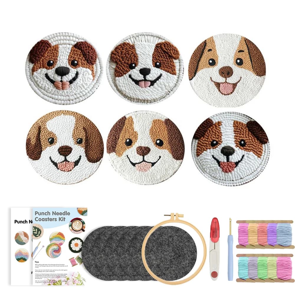 RUOPOTY 6pcs Punch Needle Coaster Kits Modern Dog Punch Needle Artwork Animal Punch Needle Tool Living Room Decorat