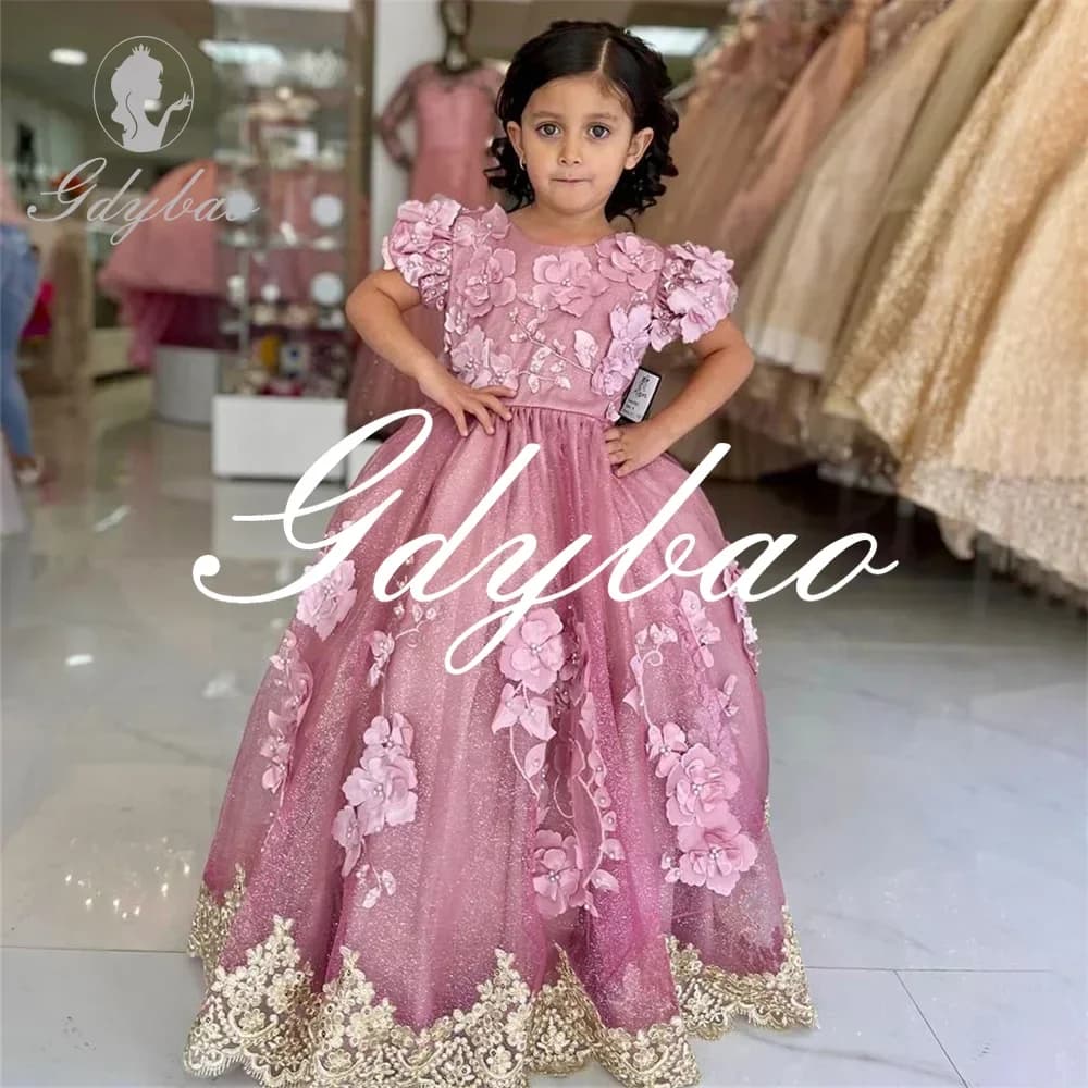 Abito da ragazza di fiore principessa di lusso con fiocco floreale Applique una linea di lunghezza del pavimento abito da prima comunione formale con palla lunga personalizzato 2024