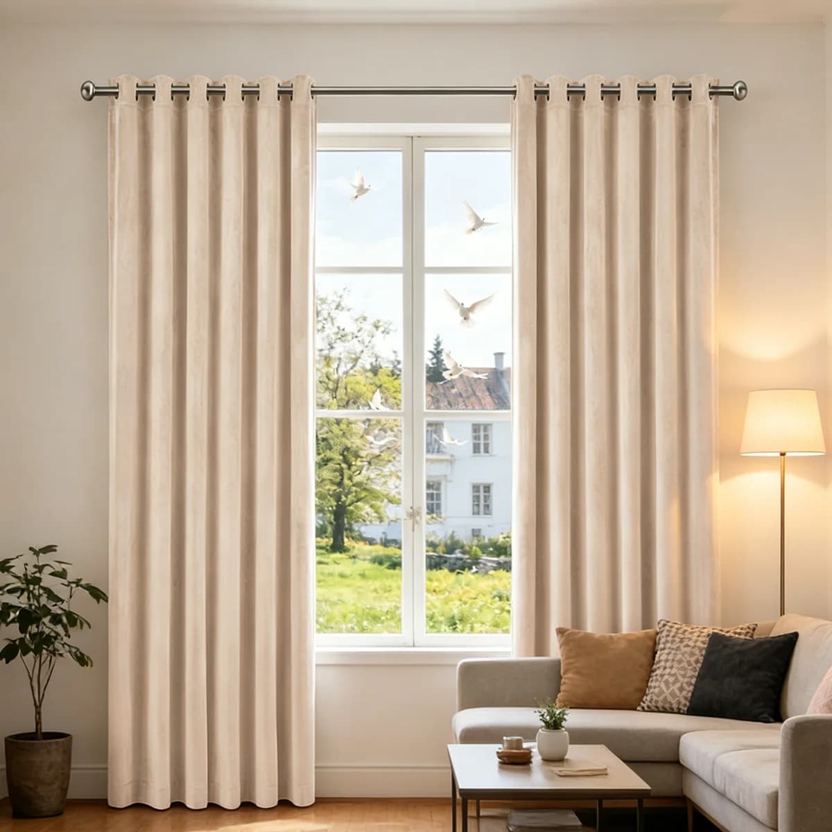 Tende Oscuranti in Velluto Beige Chiaro, Pannelli per Tende a Occhielli ad Alta Efficienza Energetica, Tende per Privacy e Filtraggio della Luce